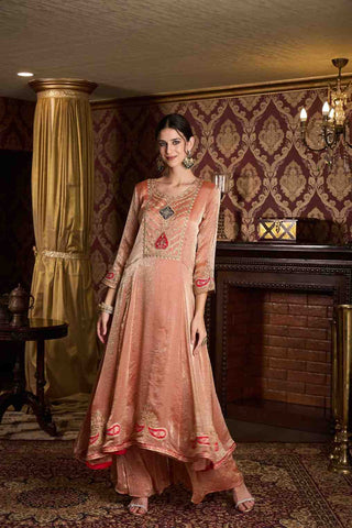 Elegant Rose-Gold Embroidered Anarkali Kurti, Paijama & Dupatta Set