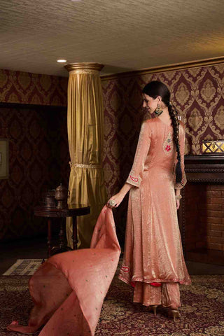 Elegant Rose-Gold Embroidered Anarkali Kurti, Paijama & Dupatta Set