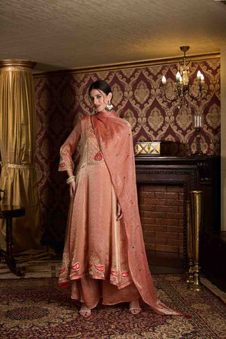 Elegant Rose-Gold Embroidered Anarkali Kurti, Paijama & Dupatta Set