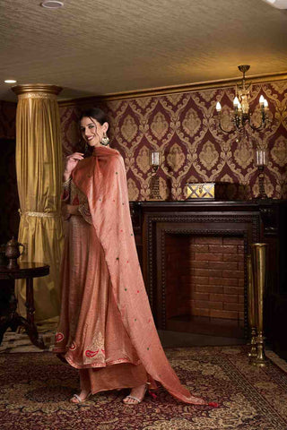 Elegant Rose-Gold Embroidered Anarkali Kurti, Paijama & Dupatta Set