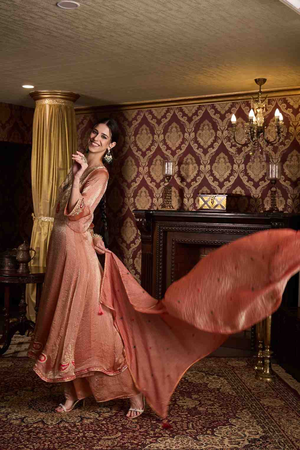 Elegant Rose-Gold Embroidered Anarkali Kurti, Paijama & Dupatta Set