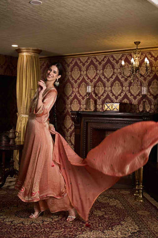 Elegant Rose-Gold Embroidered Anarkali Kurti, Paijama & Dupatta Set