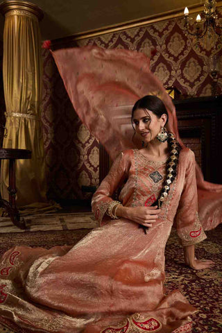 Elegant Rose-Gold Embroidered Anarkali Kurti, Paijama & Dupatta Set