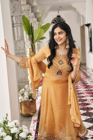 Elegant Mustard Yellow Anarkali Kurti, Paijama & Dupatta Set with Intricate Embroidery