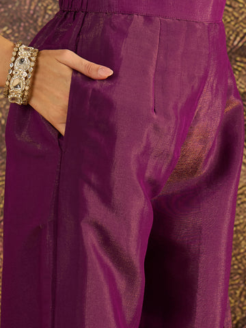Deep Plum Embroidered Kurta with Palazzo and Dupatta Set