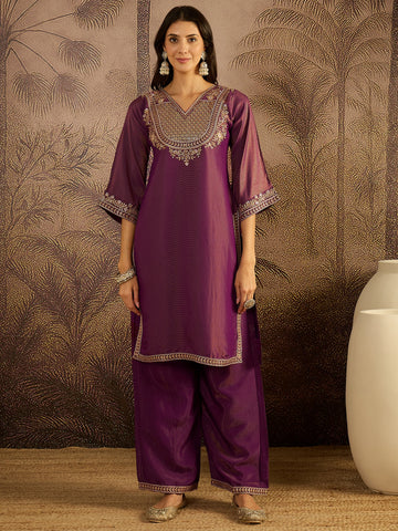 Deep Plum Embroidered Kurta with Palazzo and Dupatta Set