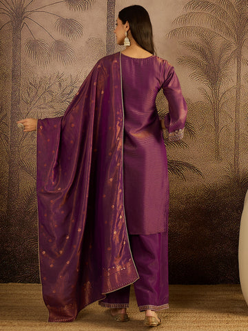 Deep Plum Embroidered Kurta with Palazzo and Dupatta Set