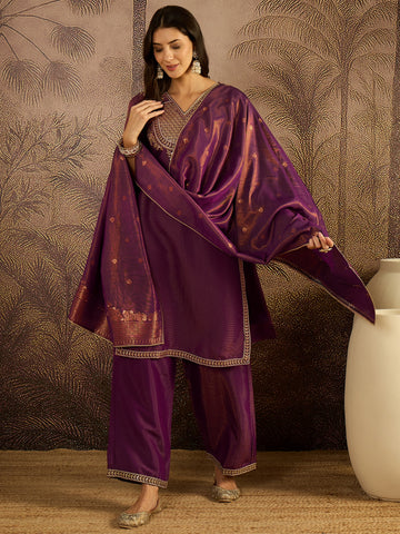 Deep Plum Embroidered Kurta with Palazzo and Dupatta Set