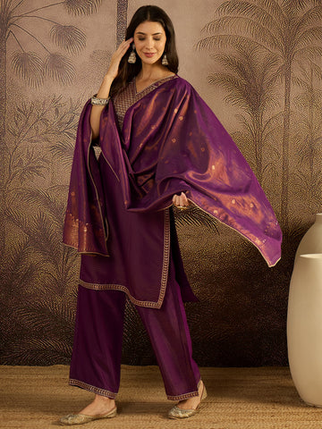 Deep Plum Embroidered Kurta with Palazzo and Dupatta Set