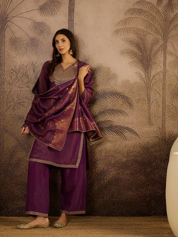 Deep Plum Embroidered Kurta with Palazzo and Dupatta Set