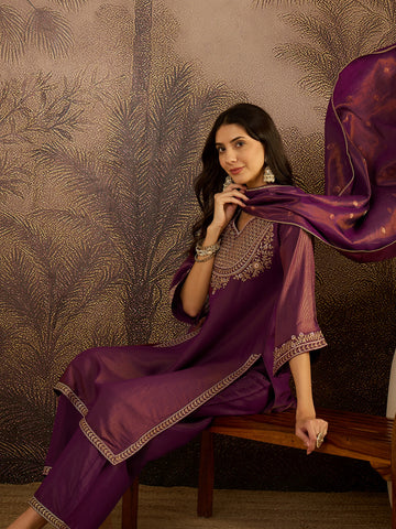 Deep Plum Embroidered Kurta with Palazzo and Dupatta Set