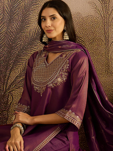 Deep Plum Embroidered Kurta with Palazzo and Dupatta Set