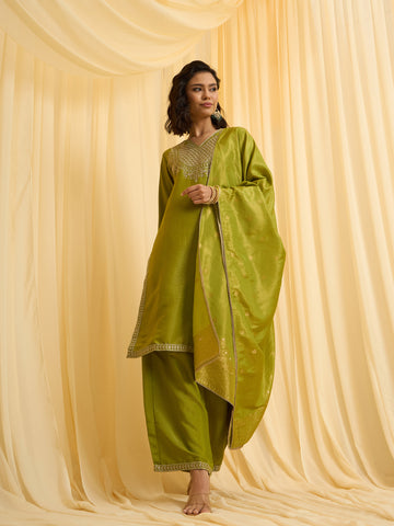 Green Embroidered Kurta with Palazzo and Dupatta Set