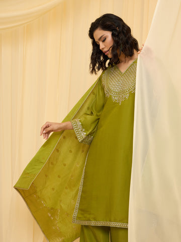 Green Embroidered Kurta with Palazzo and Dupatta Set