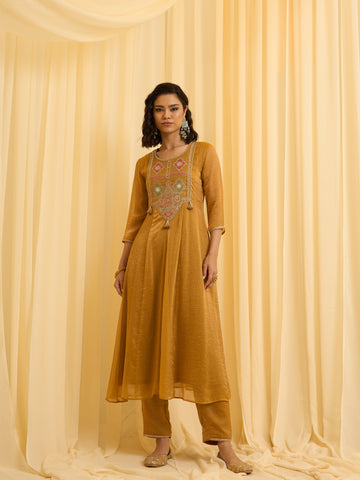 Mustard Embroidered Anarkali Suit Set with Printed Dupatta