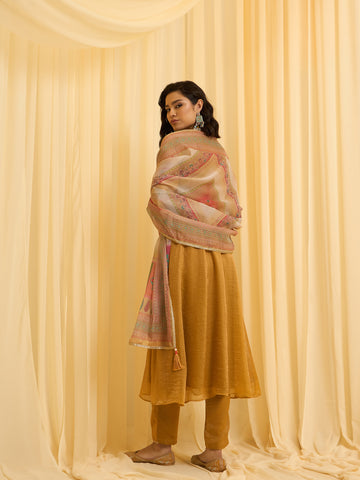 Mustard Embroidered Anarkali Suit Set with Printed Dupatta