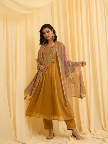 Mustard Embroidered Anarkali Suit Set with Printed Dupatta