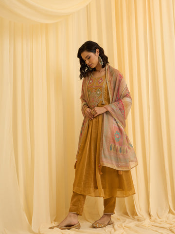 Mustard Embroidered Anarkali Suit Set with Printed Dupatta