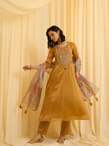 Mustard Embroidered Anarkali Suit Set with Printed Dupatta