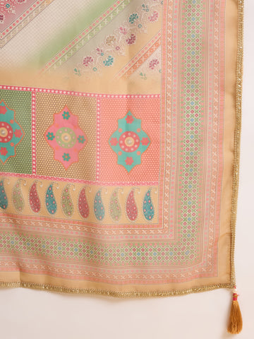 Mustard Embroidered Anarkali Suit Set with Printed Dupatta