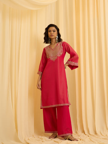 Pink Embroidered Kurta with Palazzo and Dupatta Set