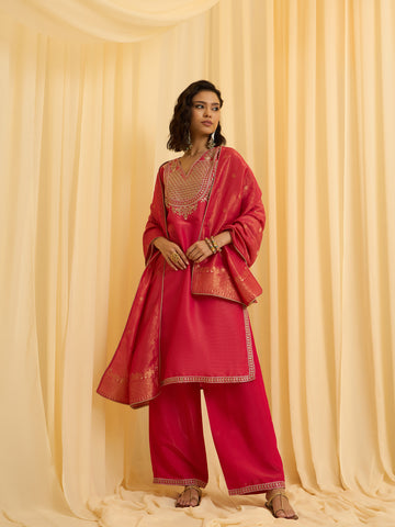 Pink Embroidered Kurta with Palazzo and Dupatta Set
