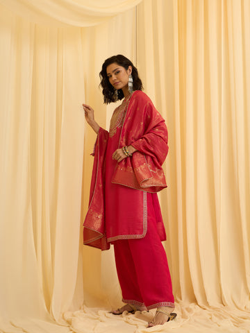 Pink Embroidered Kurta with Palazzo and Dupatta Set
