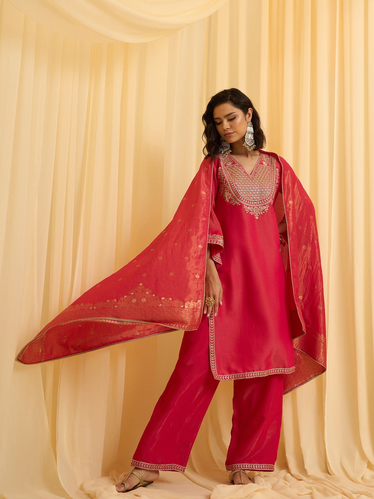 Pink Embroidered Kurta with Palazzo and Dupatta Set
