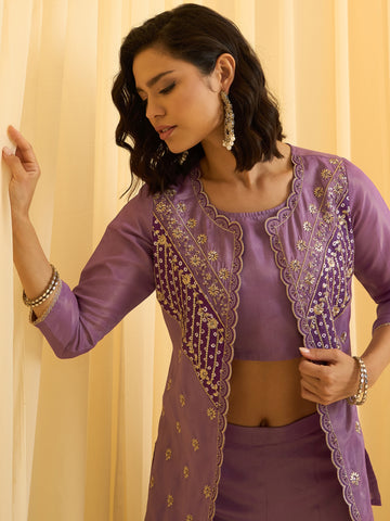 Lavender Embroidered Jacket with Crop Top and Palazzo Set