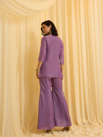 Lavender Embroidered Jacket with Crop Top and Palazzo Set