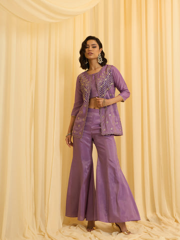 Lavender Embroidered Jacket with Crop Top and Palazzo Set