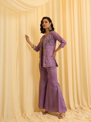 Lavender Embroidered Jacket with Crop Top and Palazzo Set