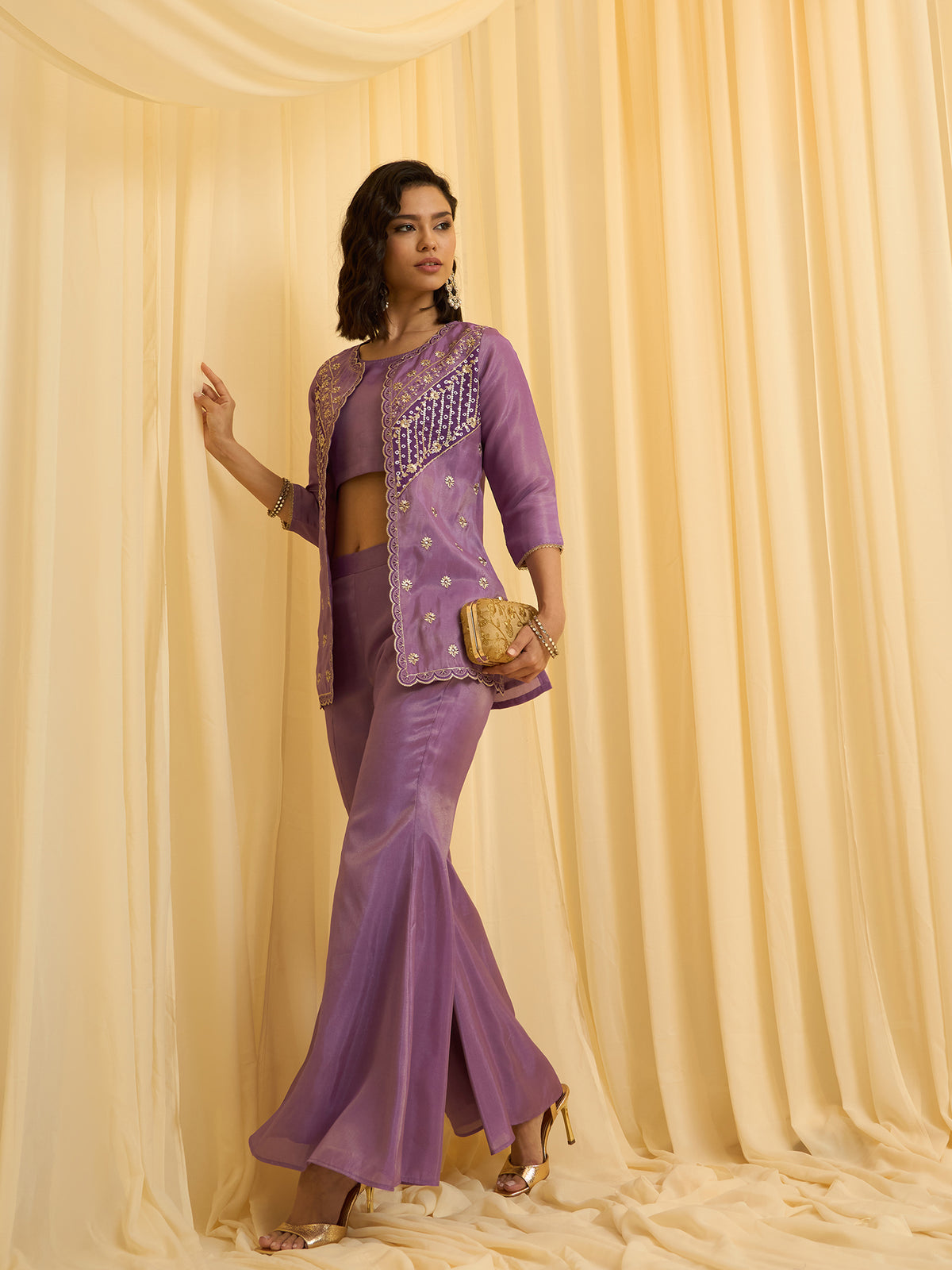 Lavender Embroidered Jacket with Crop Top and Palazzo Set