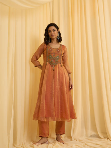 Rust Embroidered Anarkali Suit Set with Printed Dupatta