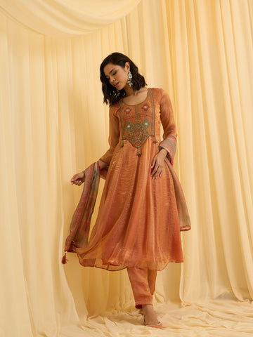 Rust Embroidered Anarkali Suit Set with Printed Dupatta