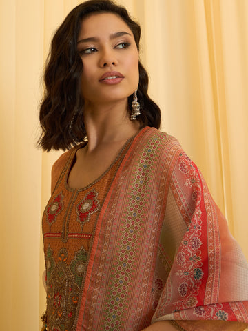 Rust Embroidered Anarkali Suit Set with Printed Dupatta