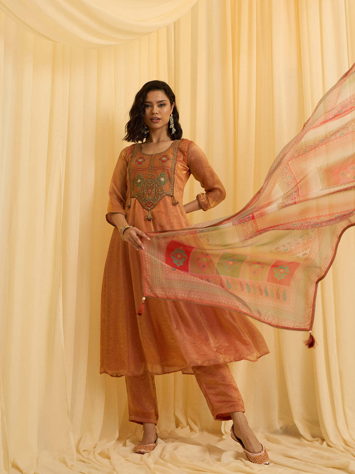 Rust Embroidered Anarkali Suit Set with Printed Dupatta