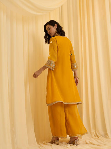Vibrant Yellow Embroidered Kurti & Flared Pajama Set