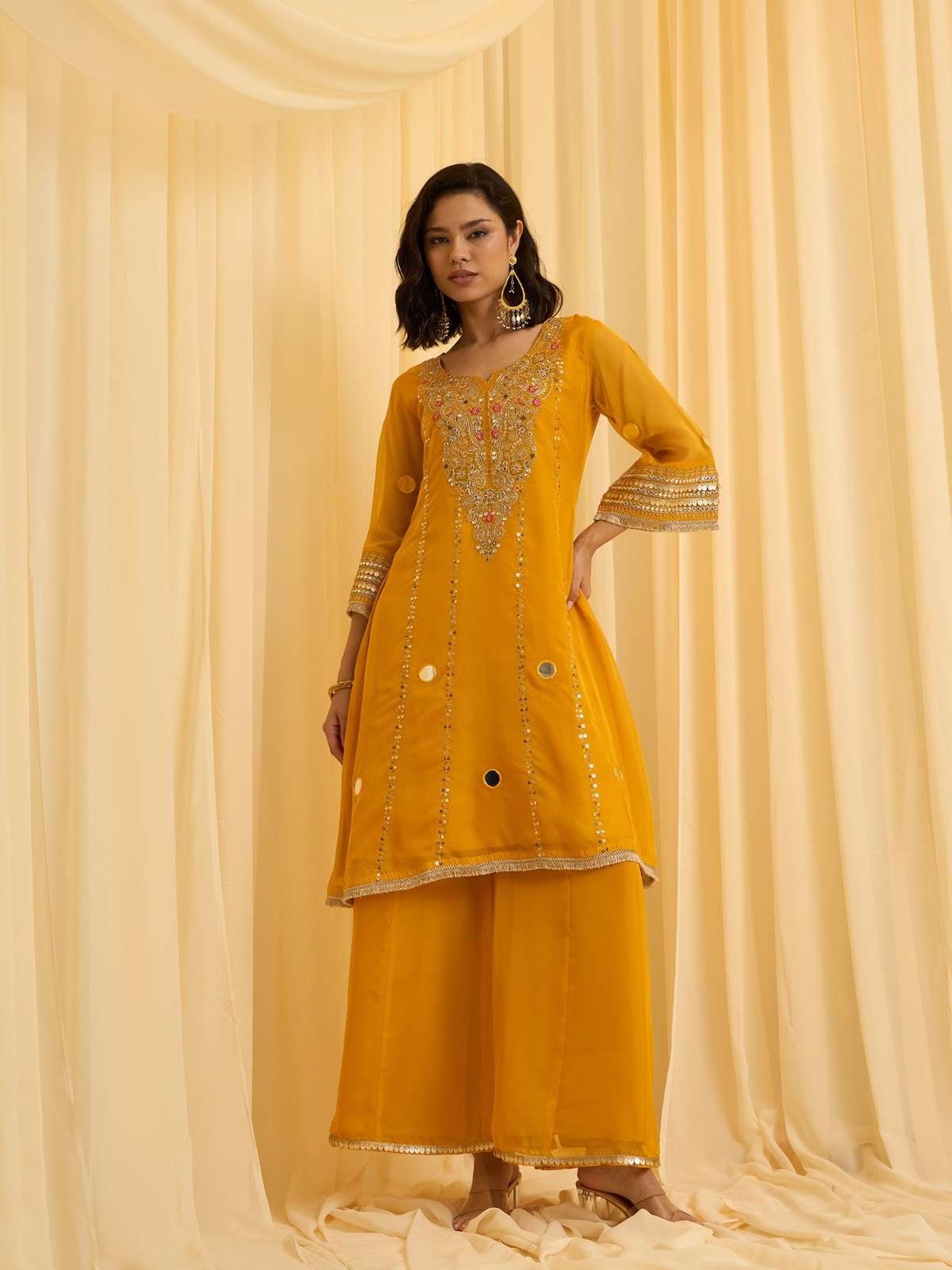 Vibrant Yellow Embroidered Kurti & Flared Pajama Set