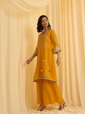 Vibrant Yellow Embroidered Kurti & Flared Pajama Set
