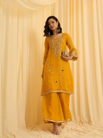 Vibrant Yellow Embroidered Kurti & Flared Pajama Set