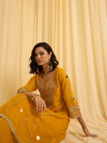 Vibrant Yellow Embroidered Kurti & Flared Pajama Set