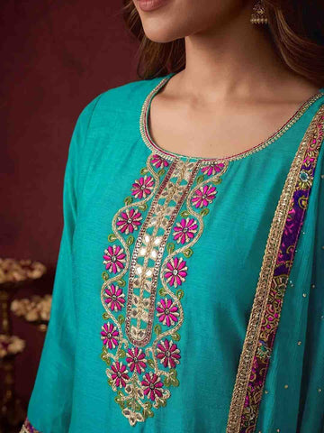 Teal Blue Embroidered Short Kurta and Flared Palazzo Set