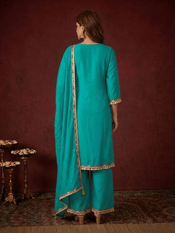 Teal Blue Embroidered Short Kurta and Flared Palazzo Set