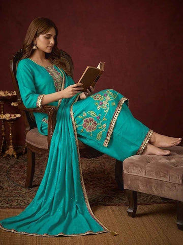 Teal Blue Embroidered Short Kurta and Flared Palazzo Set