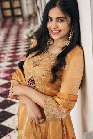Elegant Mustard Yellow Anarkali Kurti, Paijama & Dupatta Set with Intricate Embroidery