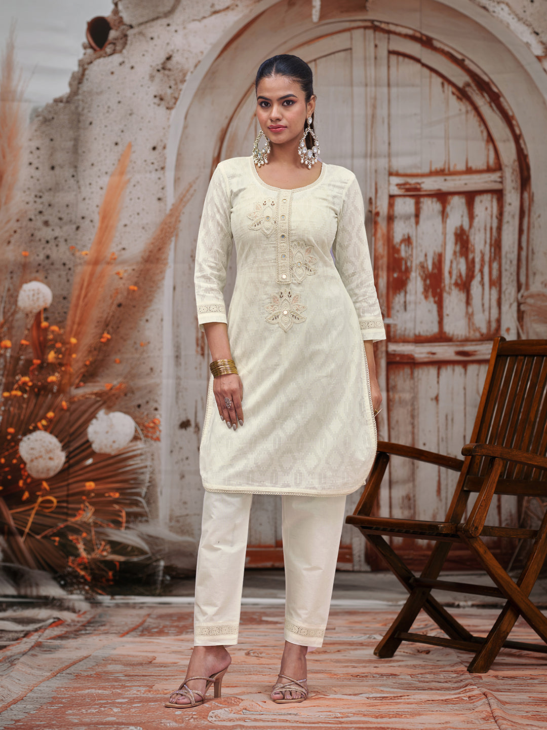 White Pure Cotton Schiffli With Mirror, Moti And Patch Work Kurta With Pant