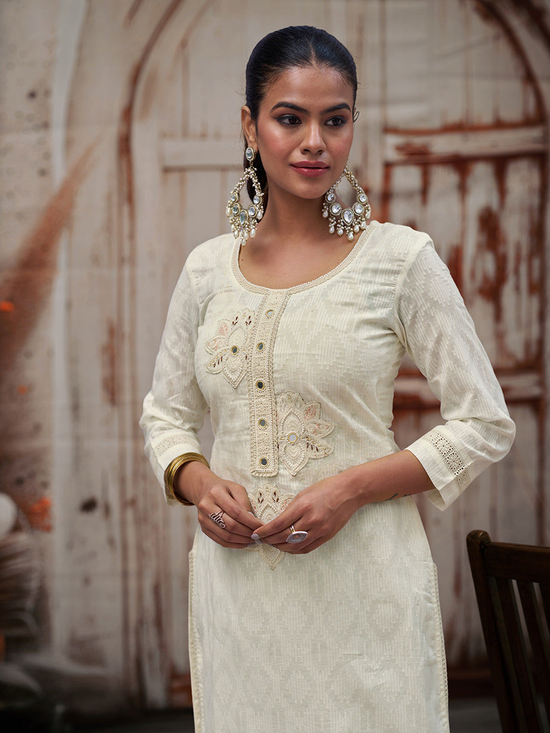 White Pure Cotton Schiffli With Mirror, Moti And Patch Work Kurta With Pant