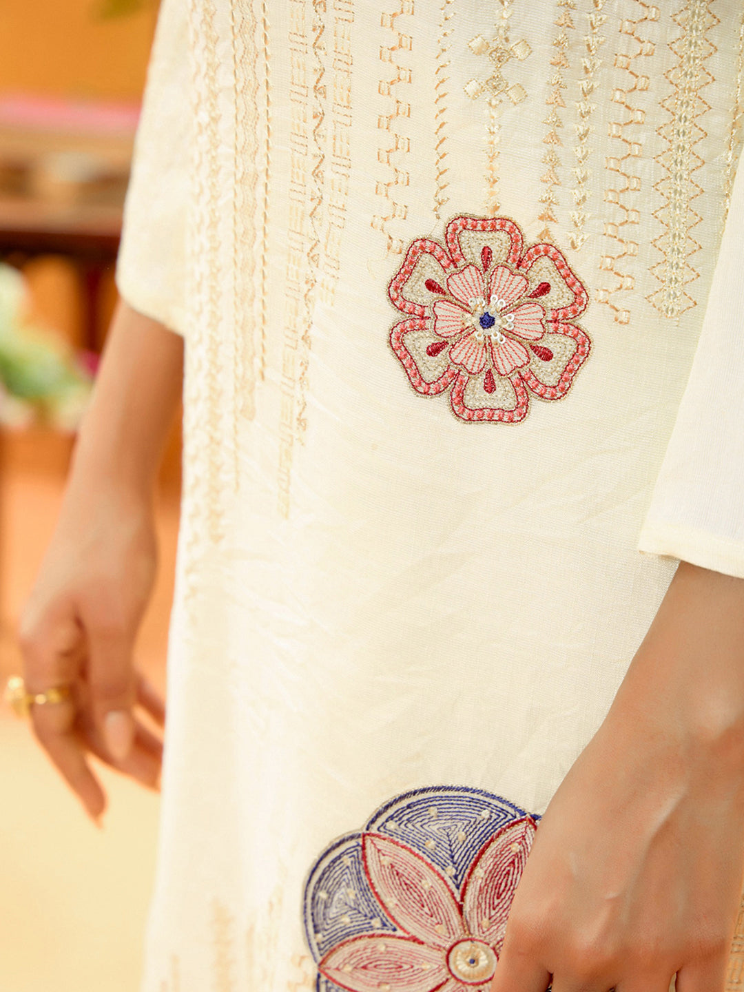 Cream Pure Cotton Zari Sequence Thread Embroidered Kurta With Pant And Dupatta