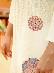 Cream Pure Cotton Zari Sequence Thread Embroidered Kurta With Pant And Dupatta